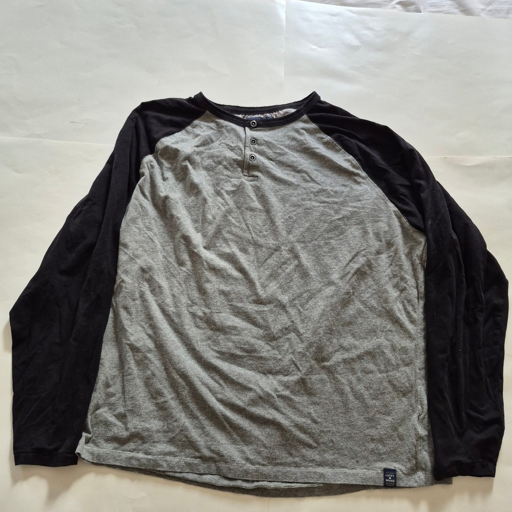 Lucky Brand Saturday Stretch Henley Mens XXL Gray Black Raglan Long Sleeve Shirt